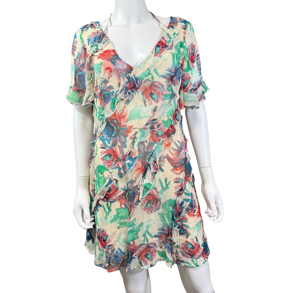 Anthropologie Floral Ruffle Sheer Tunic Dress Multicolor Size S V-Neck Flowy